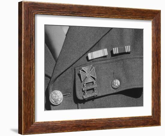 Service ribbons and qualification badge above pocket of military uniform worn by Jimmie Shohara-Ansel Adams-Framed Photographic Print