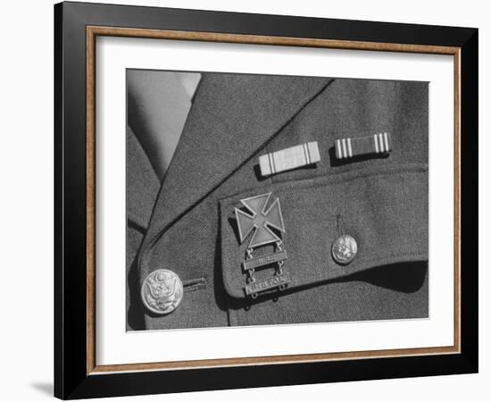 Service ribbons and qualification badge above pocket of military uniform worn by Jimmie Shohara-Ansel Adams-Framed Photographic Print