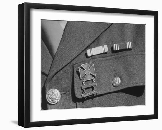 Service ribbons and qualification badge above pocket of military uniform worn by Jimmie Shohara-Ansel Adams-Framed Photographic Print