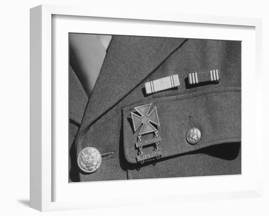 Service ribbons and qualification badge above pocket of military uniform worn by Jimmie Shohara-Ansel Adams-Framed Photographic Print