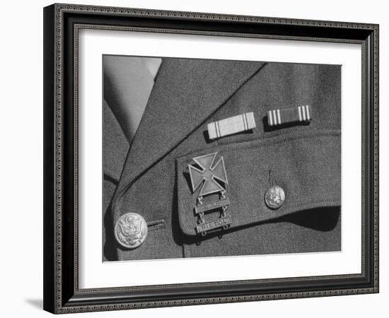 Service ribbons and qualification badge above pocket of military uniform worn by Jimmie Shohara-Ansel Adams-Framed Photographic Print