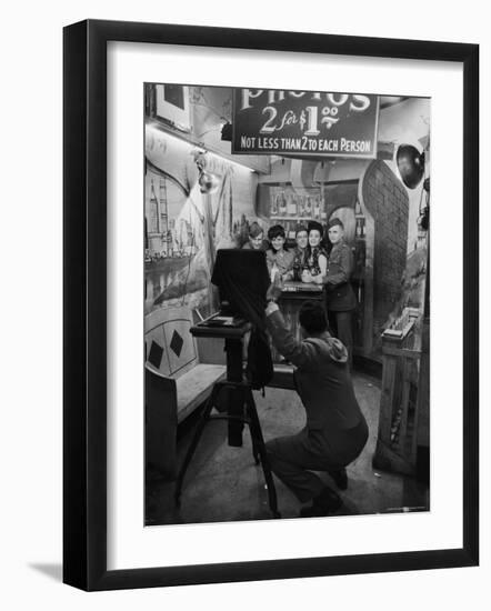 Servicemen Posing with His Hired Girls at Broadway Sidewalk Photo Studio-Peter Stackpole-Framed Photographic Print