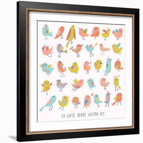 Set of 33 Cute Birds in Vector. Cartoon Collection with Funny Little Bird Family.-smilewithjul-Framed Art Print