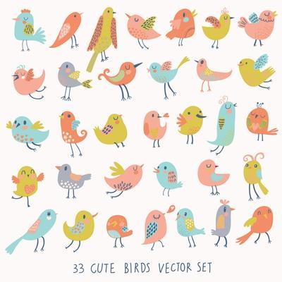 'Set of 33 Cute Birds in Vector. Cartoon Collection with Funny Little Bird  Family.' Art Print - smilewithjul 
