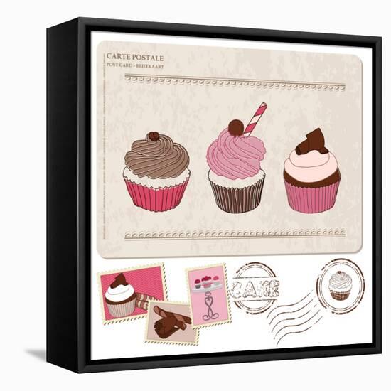 Set Of Cupcakes On Old Postcard-woodhouse-Framed Stretched Canvas