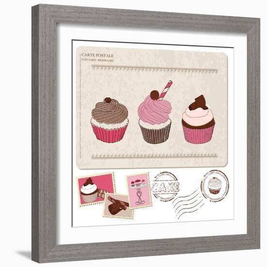 Set Of Cupcakes On Old Postcard-woodhouse-Framed Art Print