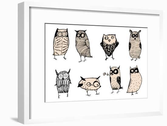 Set of Cute and Funny Owls. Unusual Original Characters. Wild Predatory Night Birds. Vector Illustr-iralu-Framed Art Print