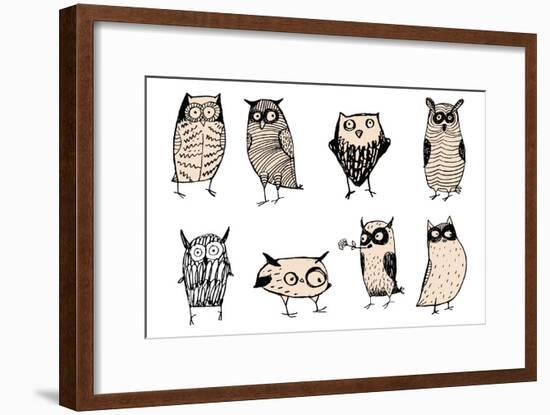 Set of Cute and Funny Owls. Unusual Original Characters. Wild Predatory Night Birds. Vector Illustr-iralu-Framed Art Print