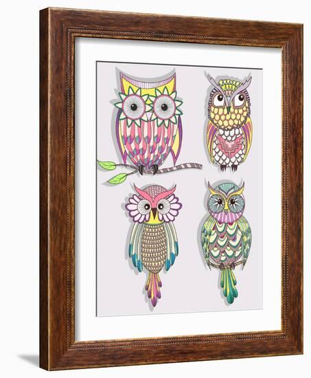 Set Of Cute Colorful Owls-cherry blossom girl-Framed Art Print