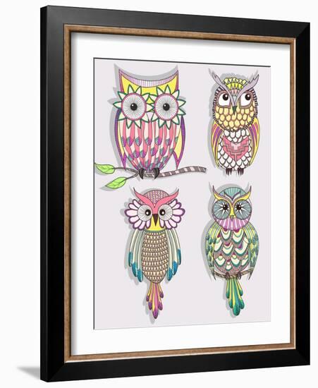 Set Of Cute Colorful Owls-cherry blossom girl-Framed Art Print