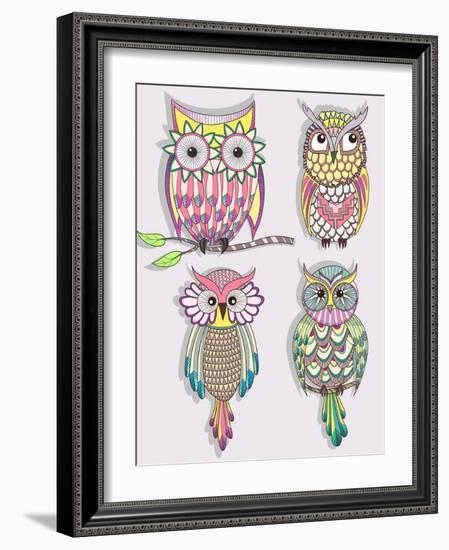 Set Of Cute Colorful Owls-cherry blossom girl-Framed Art Print