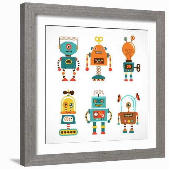 Set Of Cute Vintage Robots-Marish-Framed Art Print