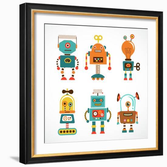 Set Of Cute Vintage Robots-Marish-Framed Art Print