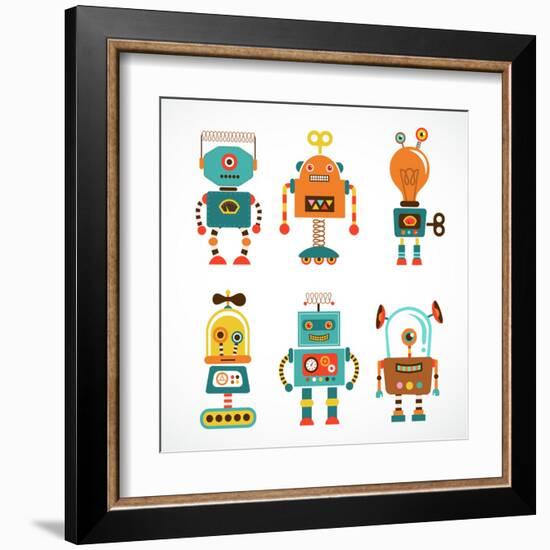 Set Of Cute Vintage Robots-Marish-Framed Art Print