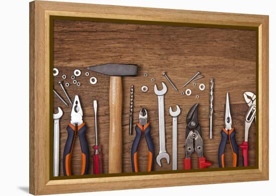 Set of Different Tools on Wooden Background-egal-Framed Premier Image Canvas