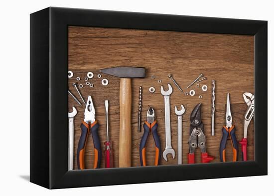 Set of Different Tools on Wooden Background-egal-Framed Premier Image Canvas