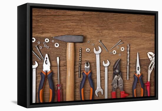 Set of Different Tools on Wooden Background-egal-Framed Premier Image Canvas