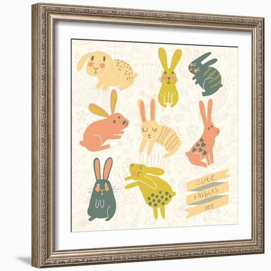 Set of Eight Cute Rabbits in Bright Colors. Funny Doodle Bunny-smilewithjul-Framed Art Print