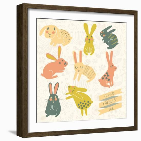 Set of Eight Cute Rabbits in Bright Colors. Funny Doodle Bunny-smilewithjul-Framed Art Print