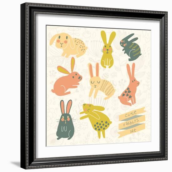Set of Eight Cute Rabbits in Bright Colors. Funny Doodle Bunny-smilewithjul-Framed Art Print
