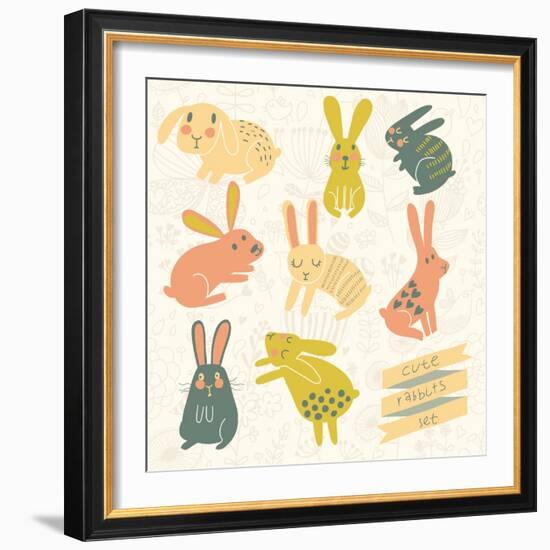 Set of Eight Cute Rabbits in Bright Colors. Funny Doodle Bunny-smilewithjul-Framed Art Print