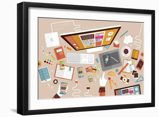 Set of Flat Design Icons. Mobile Phones, Tablet Pc, Marketing Technologies, Mobile Apps, Email, Vid-Ozerina Anna-Framed Art Print