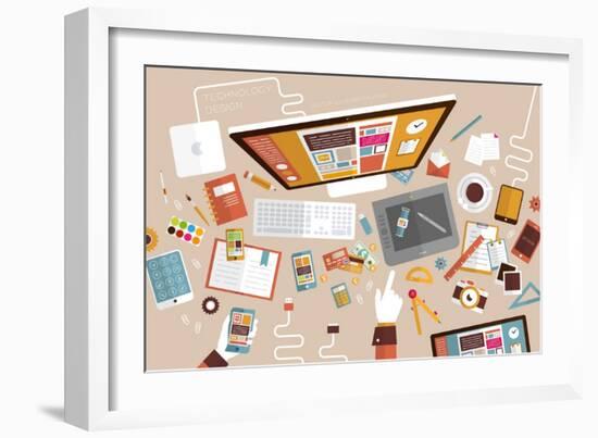 Set of Flat Design Icons. Mobile Phones, Tablet Pc, Marketing Technologies, Mobile Apps, Email, Vid-Ozerina Anna-Framed Art Print
