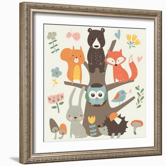 Set of Forest Animals in Cartoon Style. Cute Hedgehog, Birds, Bear, Fox, Hare, Mushrooms, Elk, Snai-Kaliaha Volha-Framed Art Print