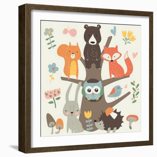 Set of Forest Animals in Cartoon Style. Cute Hedgehog, Birds, Bear, Fox, Hare, Mushrooms, Elk, Snai-Kaliaha Volha-Framed Art Print