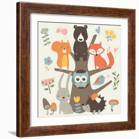 Set of Forest Animals in Cartoon Style. Cute Hedgehog, Birds, Bear, Fox, Hare, Mushrooms, Elk, Snai-Kaliaha Volha-Framed Art Print