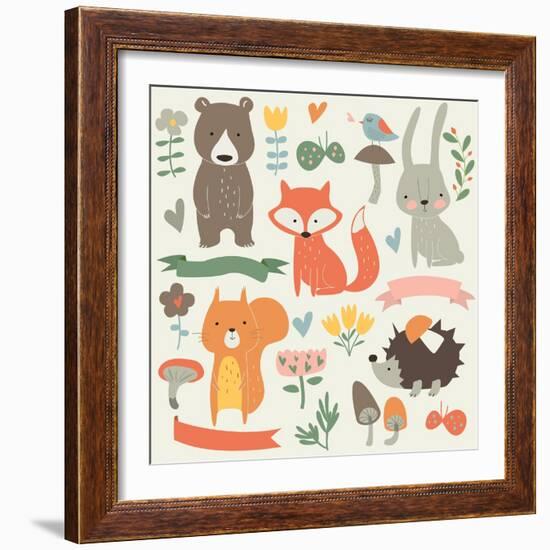 Set of Forest Animals in Cartoon Style. Cute Hedgehog, Birds, Bear, Fox, Hare, Mushrooms, Elk, Snai-Kaliaha Volha-Framed Art Print