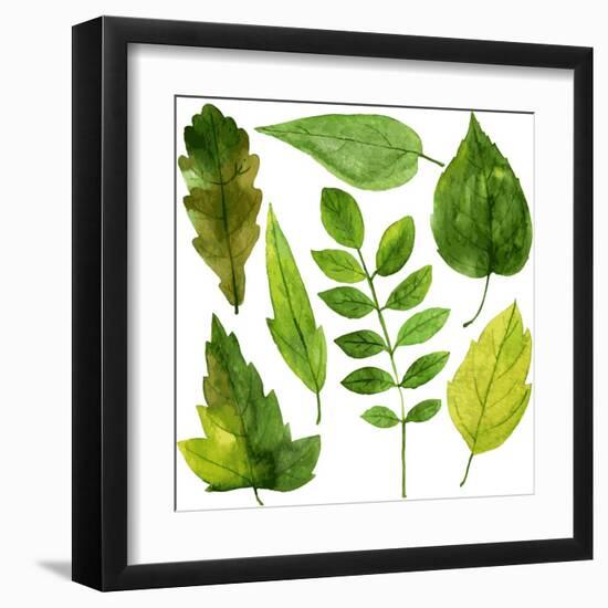 Set of Green Leaves Drawing by Watercolor, Hand Drawn Vector Elements-cat_arch_angel-Framed Art Print