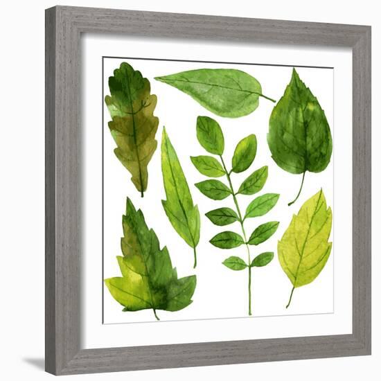 Set of Green Leaves Drawing by Watercolor, Hand Drawn Vector Elements-cat_arch_angel-Framed Art Print