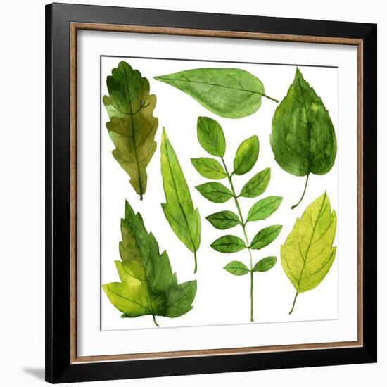 Set of Green Leaves Drawing by Watercolor, Hand Drawn Vector Elements-cat_arch_angel-Framed Art Print