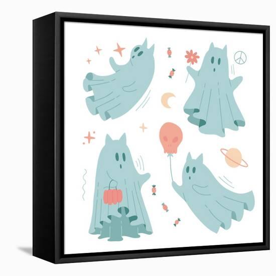 Set of Halloween Cats Ghost Characters in Mascarade Bedsheet Costumes and Other Holiday Symbols. Fl-Svetlana Shamshurina-Framed Premier Image Canvas