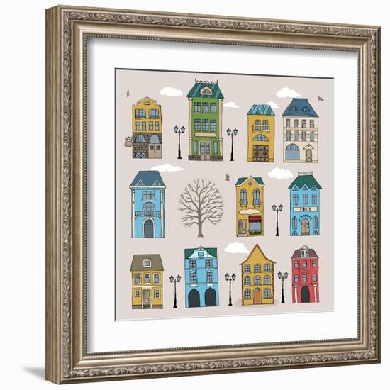 Set of Old European Houses Isolated on Vintage Background. Hand Drawn Sketch in Doodle Style. Vecto-Piranjya-Framed Art Print