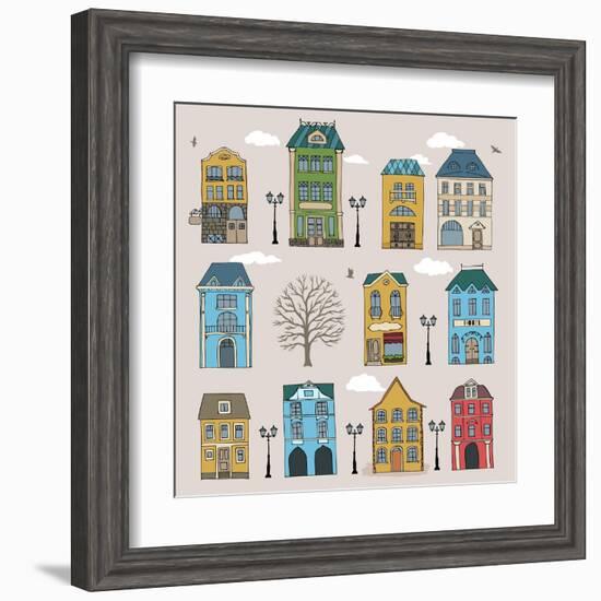 Set of Old European Houses Isolated on Vintage Background. Hand Drawn Sketch in Doodle Style. Vecto-Piranjya-Framed Art Print