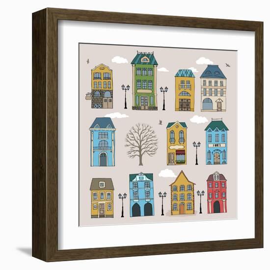 Set of Old European Houses Isolated on Vintage Background. Hand Drawn Sketch in Doodle Style. Vecto-Piranjya-Framed Art Print