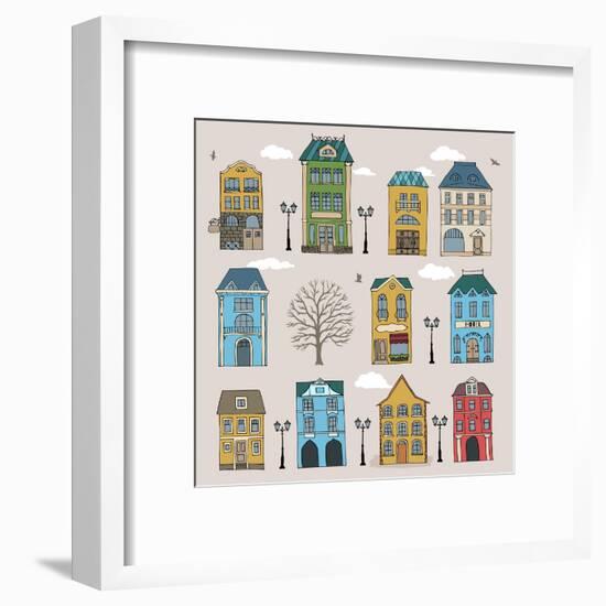 Set of Old European Houses Isolated on Vintage Background. Hand Drawn Sketch in Doodle Style. Vecto-Piranjya-Framed Art Print