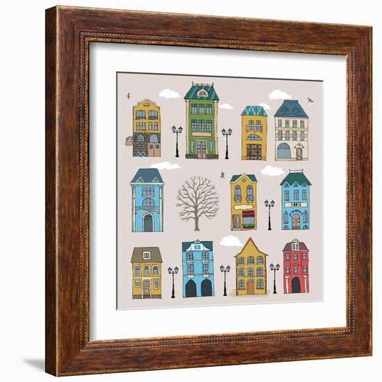 Set of Old European Houses Isolated on Vintage Background. Hand Drawn Sketch in Doodle Style. Vecto-Piranjya-Framed Art Print