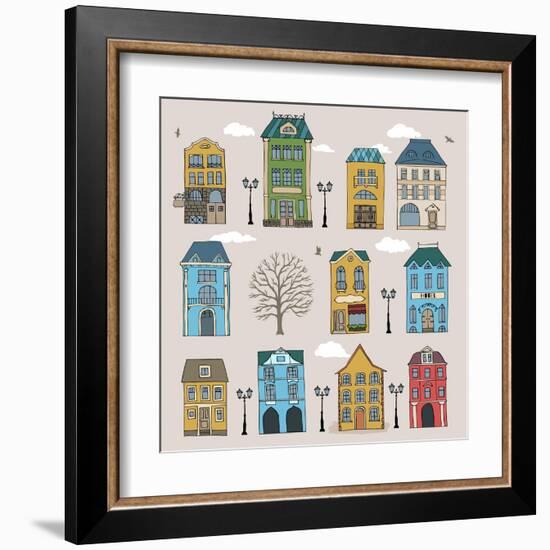 Set of Old European Houses Isolated on Vintage Background. Hand Drawn Sketch in Doodle Style. Vecto-Piranjya-Framed Art Print