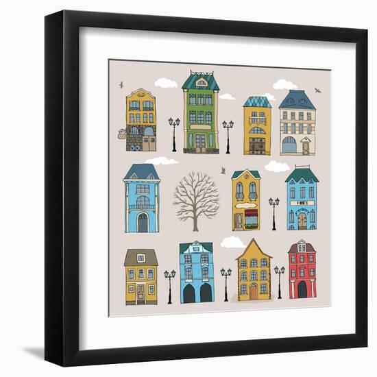 Set of Old European Houses Isolated on Vintage Background. Hand Drawn Sketch in Doodle Style. Vecto-Piranjya-Framed Art Print