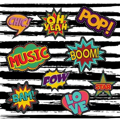 set of pop art text stickers or patch designs with retro 80s comic book speech bubbles art print cienpies design art com