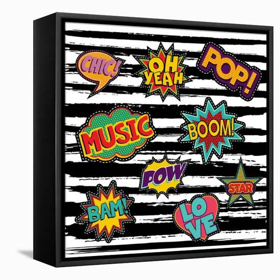 Set of Pop Art Text Stickers or Patch Designs with Retro 80S Comic Book Speech Bubbles-Cienpies Design-Framed Stretched Canvas