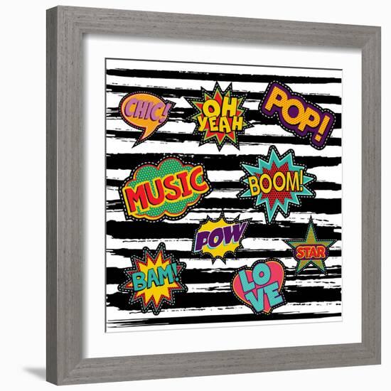 Set of Pop Art Text Stickers or Patch Designs with Retro 80S Comic Book Speech Bubbles-Cienpies Design-Framed Art Print