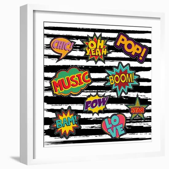 Set of Pop Art Text Stickers or Patch Designs with Retro 80S Comic Book Speech Bubbles-Cienpies Design-Framed Art Print
