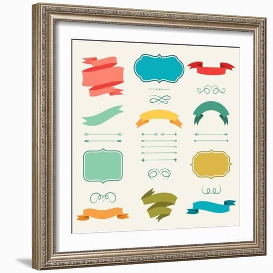 Set of Romantic Arrows, Ribbons and Labels in Retro Style.-incomible-Framed Art Print