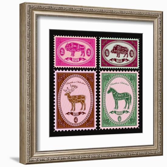 Set of Vector Postage Stamps with Boar, Bison, Deer, Horse-111chemodan111-Framed Art Print