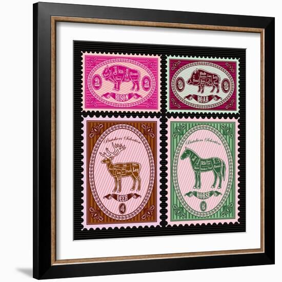 Set of Vector Postage Stamps with Boar, Bison, Deer, Horse-111chemodan111-Framed Art Print