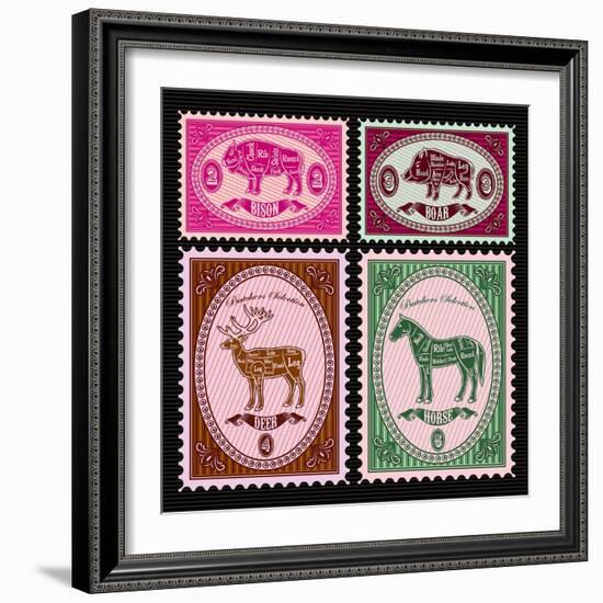 Set of Vector Postage Stamps with Boar, Bison, Deer, Horse-111chemodan111-Framed Art Print